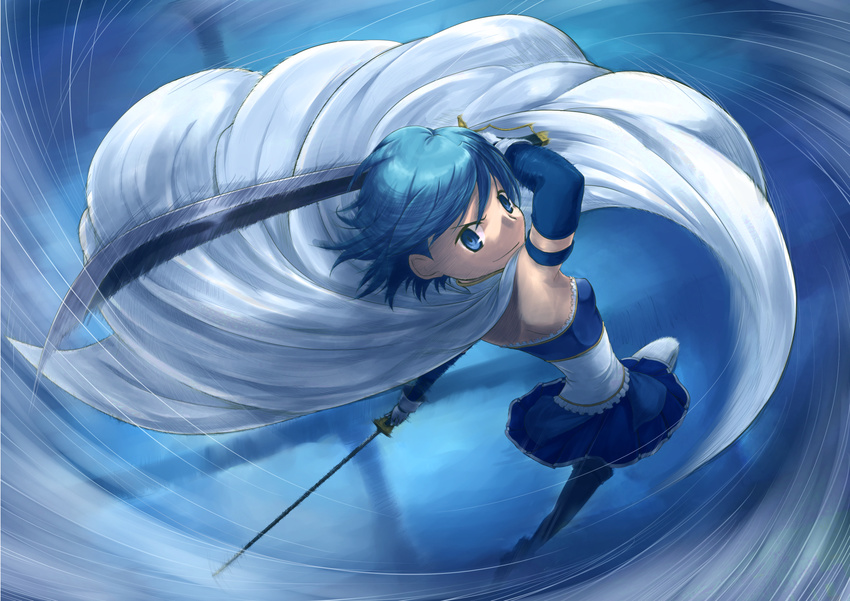 armband blue_eyes blue_hair cape gloves highres looking_back magical_girl mahou_shoujo_madoka_magica miki_sayaka short_hair smile solo sword weapon yukimura_kaname