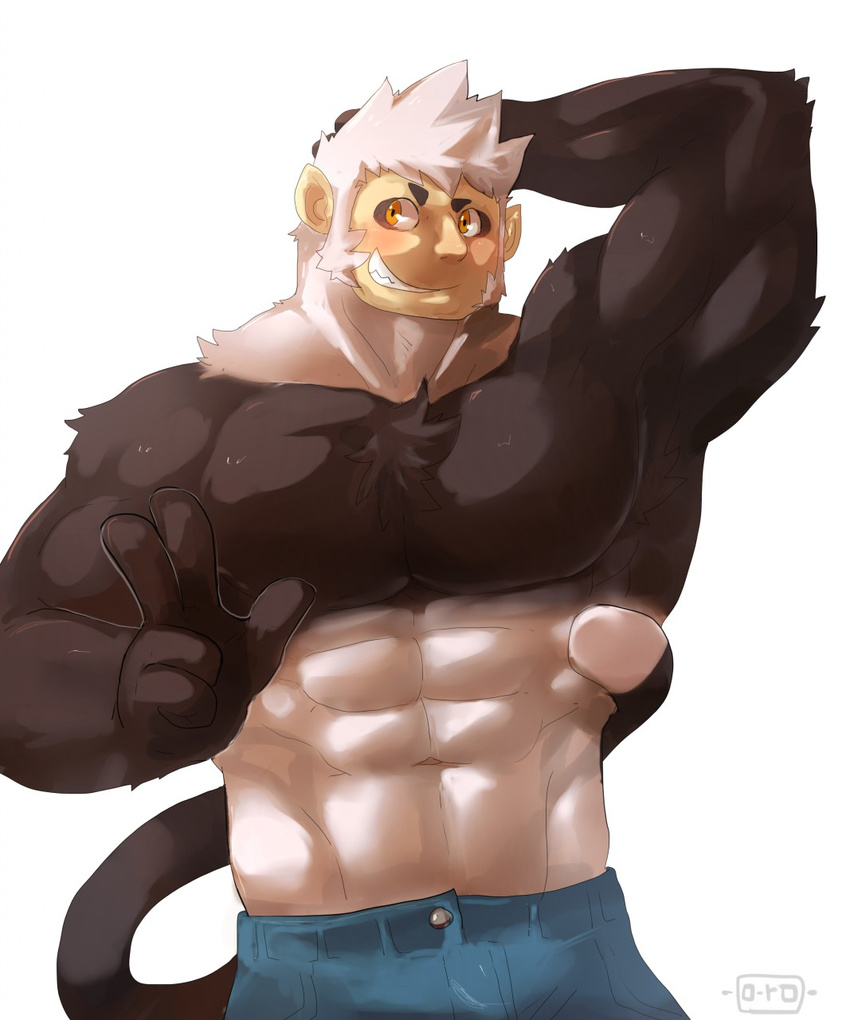 abs bear biceps big_muscles chest_tuft clothed clothing fur grin hair half-dressed hybrid male mammal monkey muscles o-ro panda pants pecs plain_background primate smile solo standing teeth toned topless tuft white_background yellow_eyes