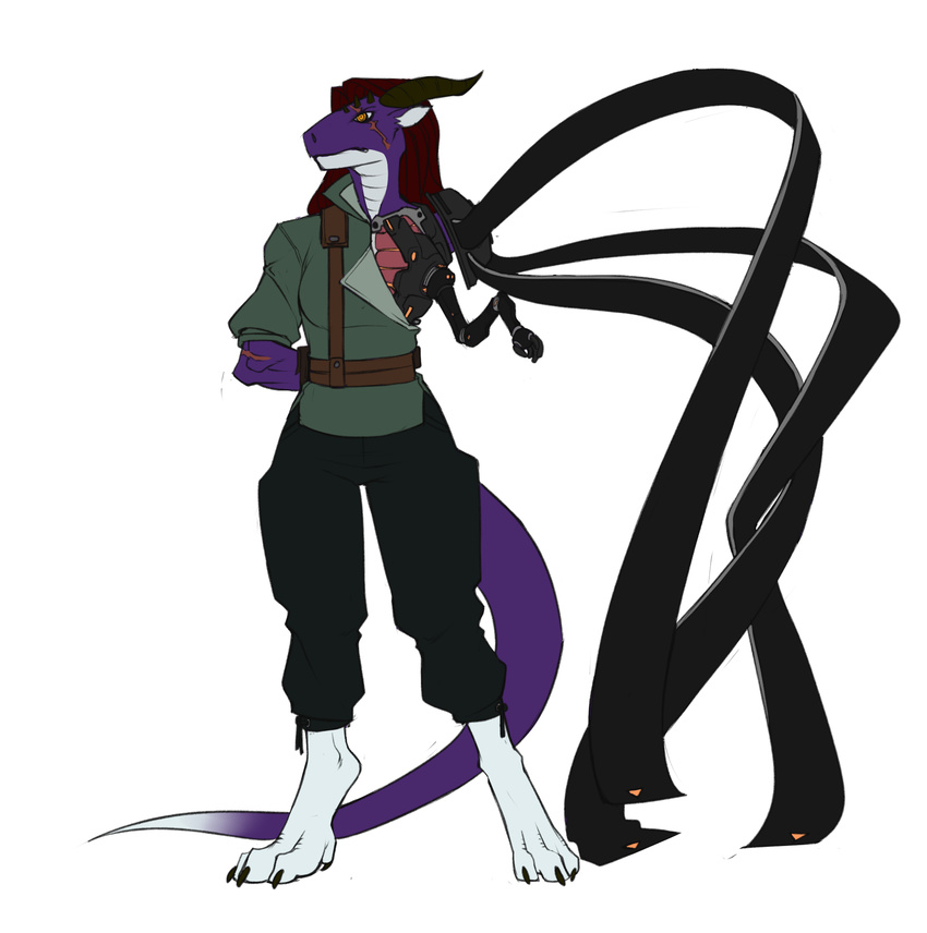 2015 anthro arun_(tokaido) claws clothed clothing cybernetic_limb cybernetics cyborg digitigrade dragon faint frown hair horn plain_background purple_skin red_hair scalie scar standing toe_claws toned white_background yellow_eyes