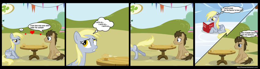 blush book cloud comic derpy_hooves_(mlp) doctor_whooves_(mlp) earth_pony equine food friendship_is_magic fur hooves horse mammal muffin my_little_pony pegasus pony table wings