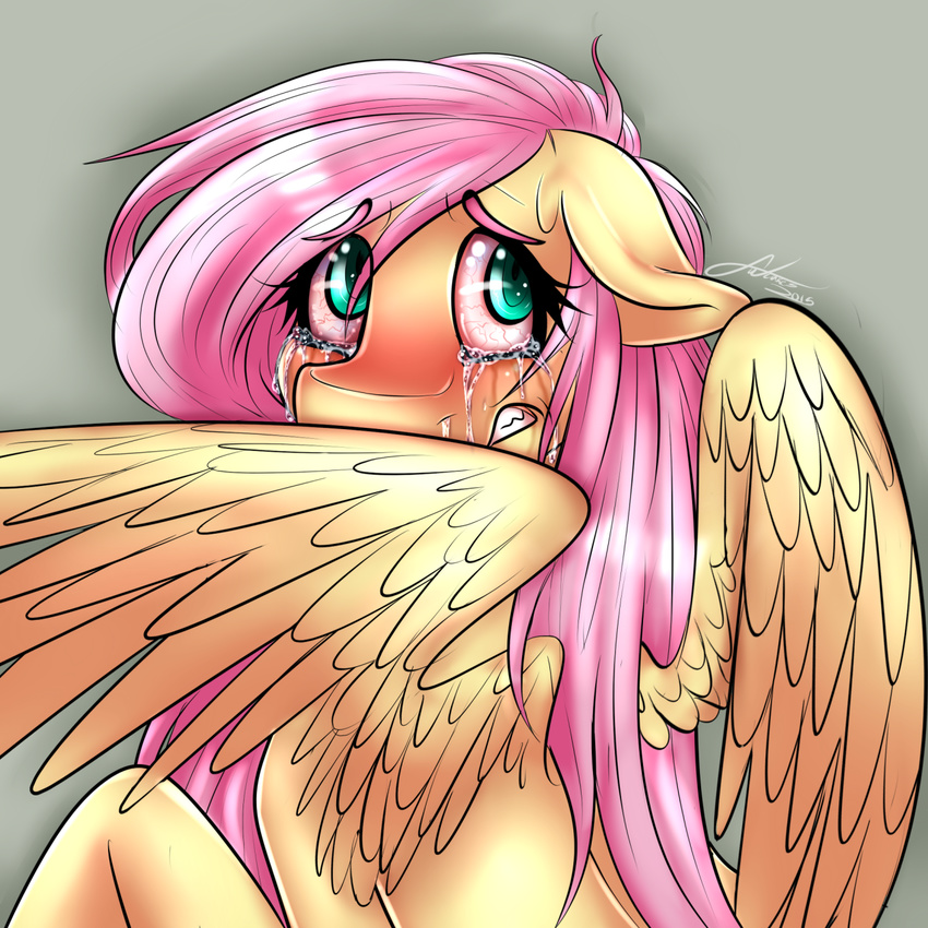 2015 crying equine female feral fluttershy_(mlp) friendship_is_magic grey_background hair long_hair mammal mrfatcakes my_little_pony pegasus pink_hair plain_background solo tears wings