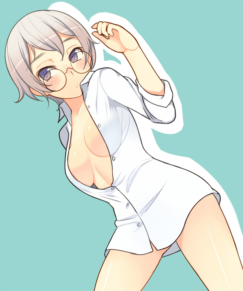 blush breasts cleavage glasses highres large_breasts naked_shirt original oza_watto purple_eyes purple_hair round_eyewear shirt short_hair simple_background solo underboob