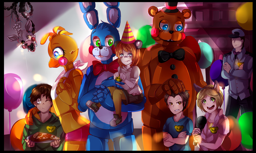 animatronic balloon bow_tie canine children crying five_nights_at_freddy's five_nights_at_freddy's_2 food fox glowing glowing_eyes hat human machine male mammal mangle_(fnaf) mechanical party_hat pizza robot tears thehobbyhorse toy_bonnie_(fnaf) toy_chica_(fnaf) toy_freddy_(fnaf) video_games yellow_eyes