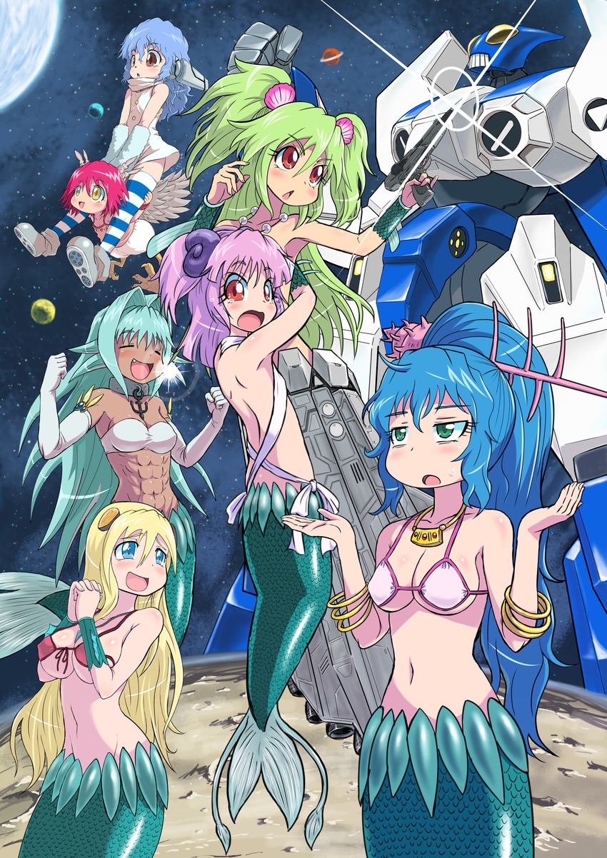 :o abs absurdres akai_koudan_zillion alien arm_warmers armor bird breasts chicken cleavage collarbone company_connection crate crossover cyborg dark_skin energy_gun feathered_wings feathers flying fuji-san giantess glint gun handgun hands_together harpy harpy_(muromi-san) heika_(heikahp) highres hii-chan holding holding_gun holding_weapon hybrid interlocked_fingers jewelry kikou_souseiki_mospeada large_breasts legioss lens_flare levia-san looking_back machinery mecha medium_breasts mermaid midriff monster_girl moon multiple_girls muromi-san muscle mutant namiuchigiwa_no_muromi-san navel necklace parody parted_lips pistol planet ray_gun redesign riding saturn scales space straddling sumida-san tatsunoko_pro trigger_discipline underboob weapon wings yeti_(muromi-san)