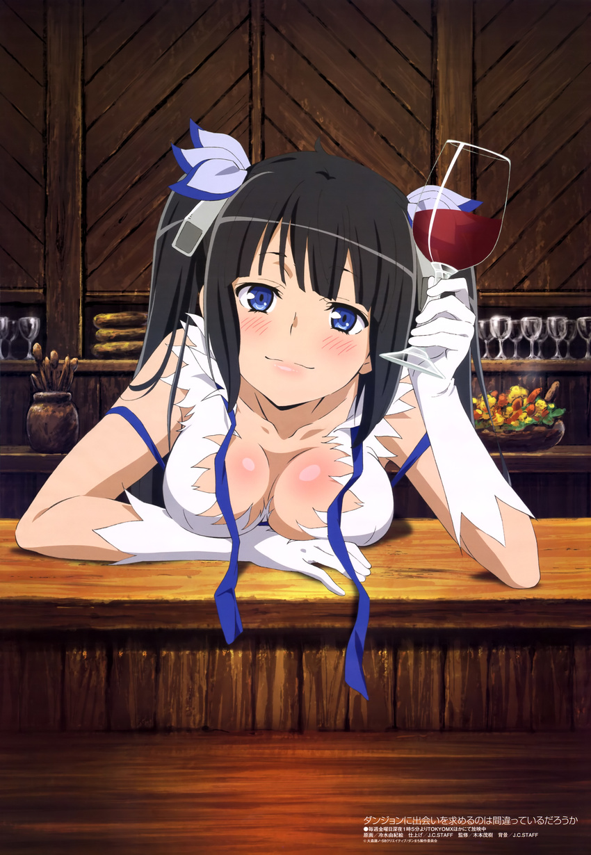 absurdres black_hair blue_eyes blue_ribbon breast_rest breasts cleavage cup dress drink drinking_glass dungeon_ni_deai_wo_motomeru_no_wa_machigatteiru_darou_ka gloves hair_ribbon hestia_(danmachi) highres hiyamizu_yukie large_breasts long_hair looking_at_viewer megami non-web_source official_art rei_no_himo ribbon solo twintails untied white_dress white_gloves wine_glass