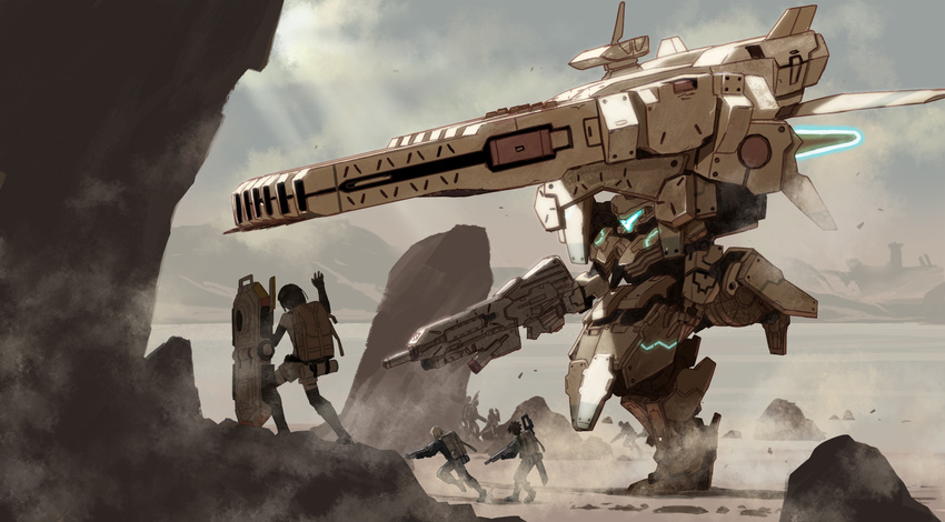 armor backpack bag decoponmagi desert gun lynlee_kuu mecha multiple_boys weapon xenoblade_(series) xenoblade_chronicles_x