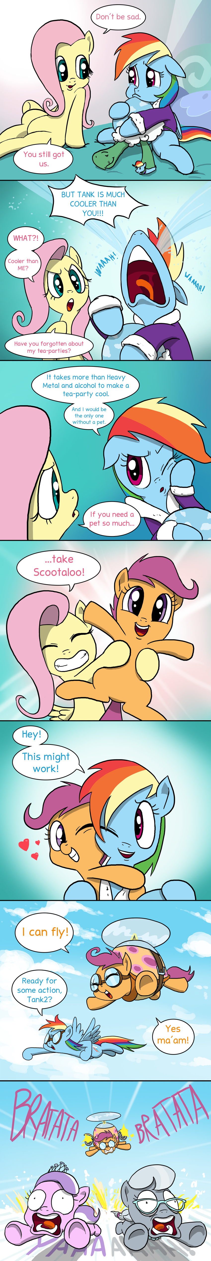 2015 comic crying dialogue diamond_tiara_(mlp) doublewbrothers earth_pony english_text equine female feral fluttershy_(mlp) friendship_is_magic horse machine_gun male mammal my_little_pony pegasus pony rainbow_dash_(mlp) reptile sad scalie scootaloo_(mlp) silver_spoon_(mlp) tank_(mlp) tears text turtle wings