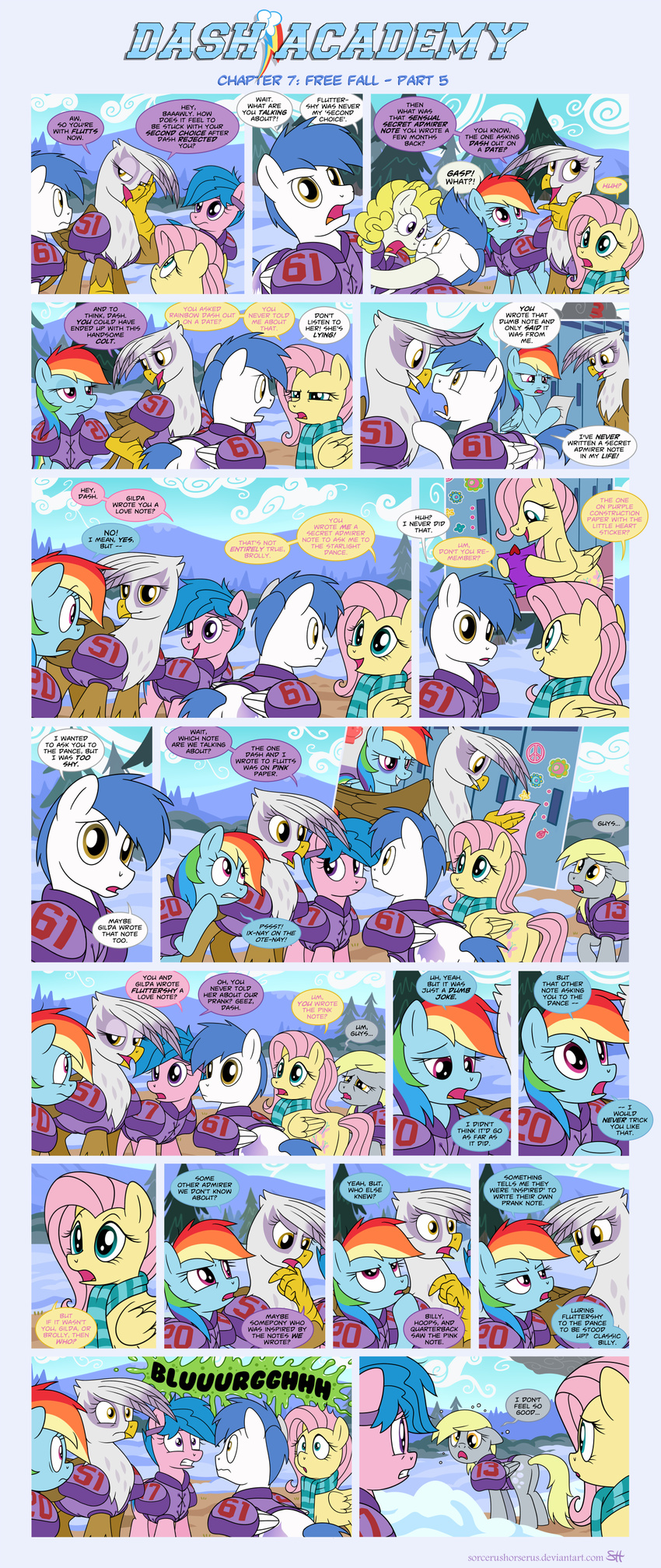 2015 armor avian blue_hair clothing comic derp_eyes derpy_hooves_(mlp) equine fan_character female firefly_(mlp) fluttershy_(mlp) friendship_is_magic gilda_(mlp) group gryphon hair male mammal my_little_pony pegasus rainbow_dash_(mlp) scarf sick snow sorcerushorserus surprise_(mlp) tree wings winter