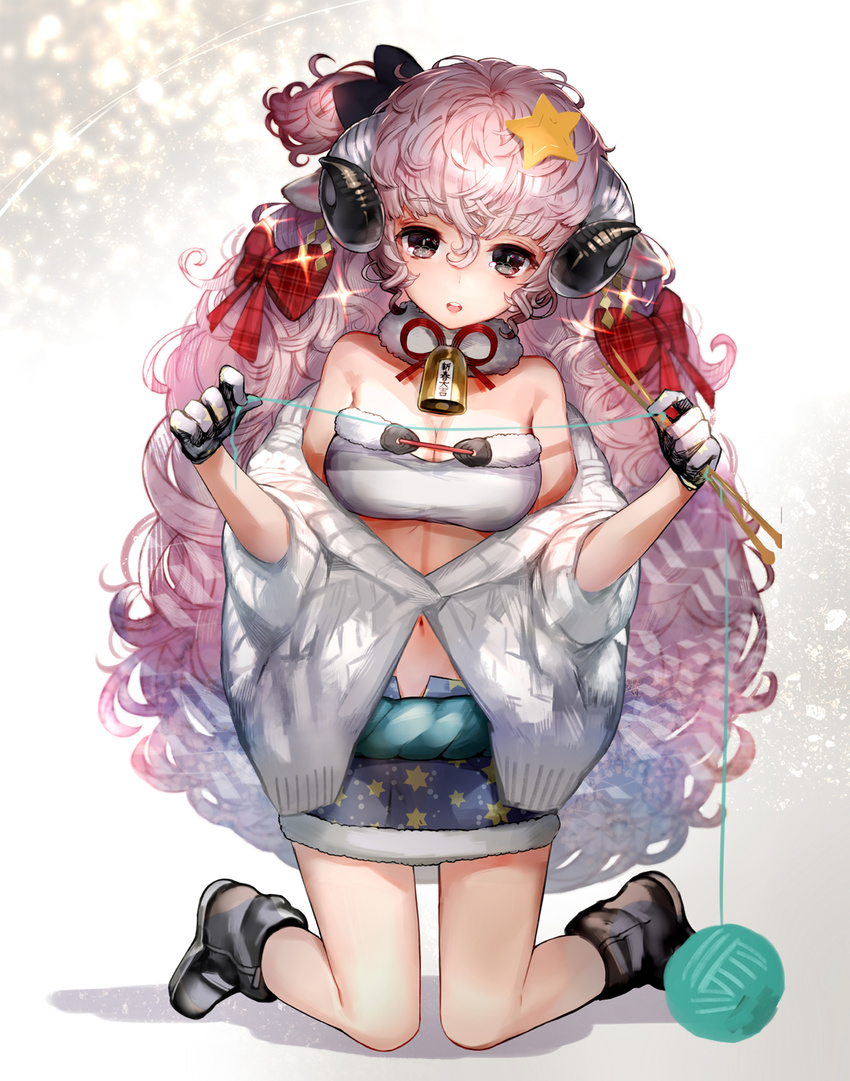 bandeau bell boots cow_bell gloves highres hitowa horns kneeling knitting_needle long_hair navel needle off_shoulder one_side_up original pink_hair sheep_girl sheep_horns skirt solo yarn yarn_ball