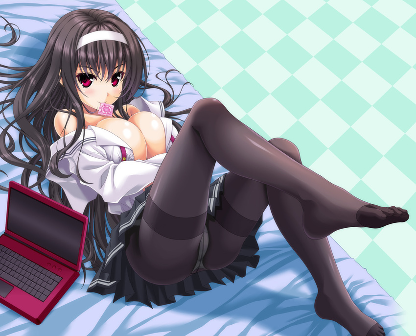 ass black_hair breast_squeeze breasts cleavage computer condom condom_in_mouth crotch_seam feet hairband kasumigaoka_utaha laptop large_breasts long_hair long_legs lying mouth_hold noritama_(gozen) off_shoulder on_back panties panties_under_pantyhose pantyhose red_eyes saenai_heroine_no_sodatekata school_uniform skirt solo thighband_pantyhose underwear upskirt