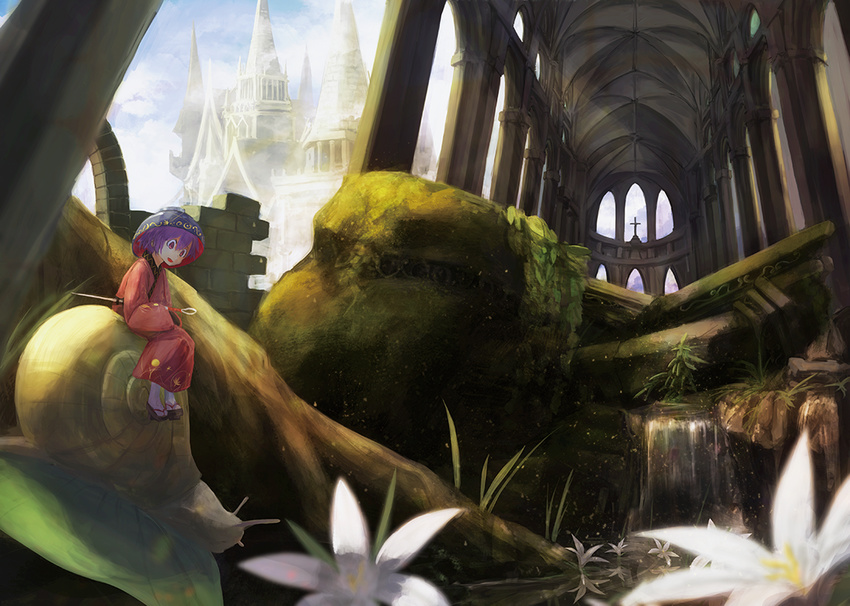 arcade_(architecture) architecture blurry bowl building church cross dress flower geta gothic_architecture hair_between_eyes japanese_clothes kimono kirisame_tarou leaf lily_(flower) long_sleeves looking_down minigirl moss needle object_on_head open_mouth pillar plant purple_eyes purple_hair red_dress riding ruins scenery short_hair sitting smile snail solo sukuna_shinmyoumaru sunlight touhou water waterfall white_legwear wide_sleeves