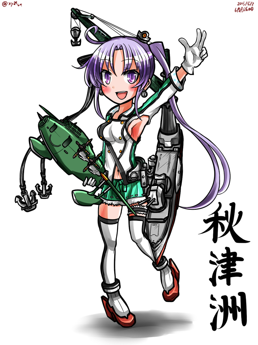 ahoge akitsushima_(kantai_collection) anchor armpits breasts earrings elbow_gloves full_body gloves hebitsukai-san highres hook jewelry kantai_collection leg_garter looking_at_viewer machinery medium_breasts miniskirt nishikitaitei-chan outstretched_arm purple_eyes purple_hair side_ponytail sideboob simple_background skirt solo standing thighhighs twintails white_background white_gloves zettai_ryouiki