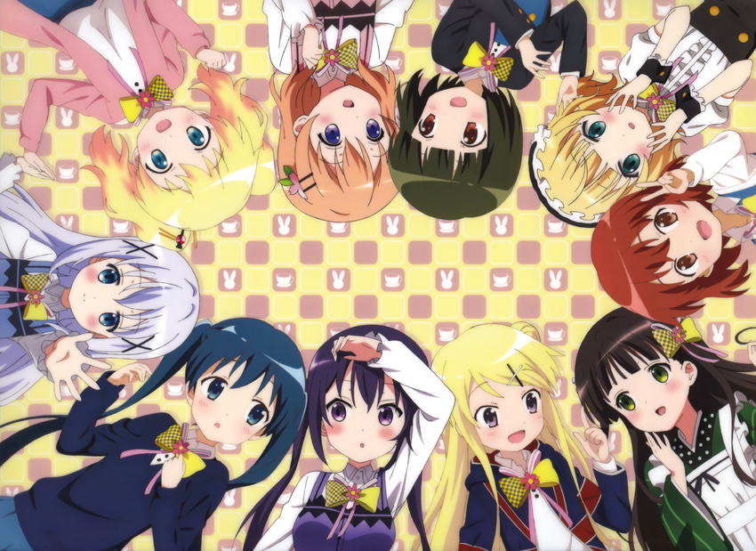 :d :o alice_cartelet ama_usa_an_uniform artist_request bangs black_hair blonde_hair blue_eyes blue_hair blunt_bangs blush bow bowtie brown_eyes brown_hair circle_formation company_connection crossover face fleur_de_lapin_uniform from_above gochuumon_wa_usagi_desu_ka? green_eyes hair_ornament hairclip hairpin highres hoto_cocoa inokuma_youko kafuu_chino kin-iro_mosaic kirima_sharo komichi_aya kujou_karen long_hair long_sleeves look-alike looking_at_viewer lying maid_headdress manga_time_kirara multiple_girls non-web_source on_back oomiya_shinobu open_mouth purple_eyes purple_hair rabbit_house_uniform seiyuu_connection short_hair simple_background smile source_request taneda_risa tedeza_rize twintails ujimatsu_chiya upper_body x_hair_ornament yellow_background