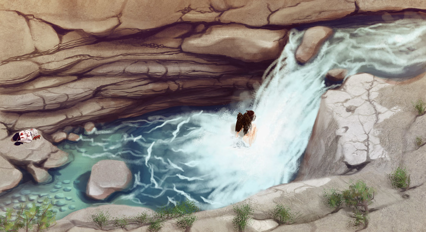 ass back bathing black_hair black_wings clothes_removed nature nude partially_submerged rock shameimaru_aya short_hair solo soumakyo touhou water waterfall wings