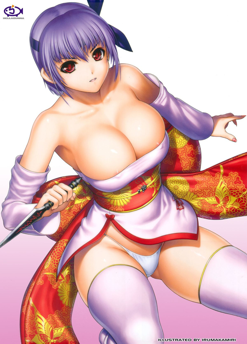 1girl alternate_costume armpits artist_name ayane_(doa) bare_shoulders breasts cleavage curvy dead_or_alive detached_sleeves female gradient gradient_background hair_between_eyes headband highres holding iruma_kamiri japanese_clothes kunai kunoichi large_breasts legs looking_at_viewer nail_polish ninja ninja_gaiden nipple_slip nipples panties purple_hair red_eyes shiny shiny_skin short_hair solo strapless tecmo thighhighs underwear weapon white_legwear white_panties