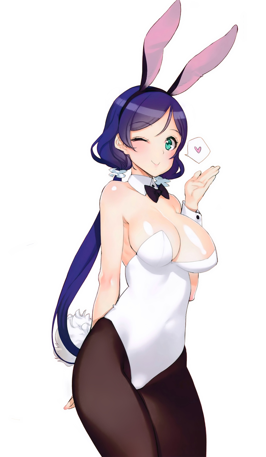 ;) absurdres animal_ears arm_behind_back bare_shoulders black_legwear bow bowtie breasts bunny_ears bunny_tail bunnysuit cleavage closed_mouth covered_navel cowboy_shot detached_collar fake_animal_ears green_eyes hairband heart highres large_breasts long_hair love_live! love_live!_school_idol_project low_twintails one_eye_closed ooyari_ashito pantyhose purple_hair scan shiny shiny_skin simple_background smile solo speech_bubble spoken_heart tail toujou_nozomi twintails very_long_hair white_background wrist_cuffs