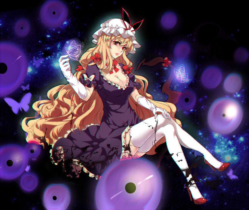 aura bad_anatomy bangs blonde_hair bow breasts bug butterfly choker chromatic_aberration cleavage commentary crossed_legs danmaku dark dress elbow_gloves floating frilled_dress frills galaxy gap gloves hair_bow hand_on_own_knee high_heels insect large_breasts lips long_hair pink_lips puffy_short_sleeves puffy_sleeves purple_dress red_eyes red_footwear ribbon_choker serious shoes short_sleeves sitting solo space thighhighs thighs touhou very_long_hair white_gloves white_legwear yakumo_yukari yayoi_(su_misheng)