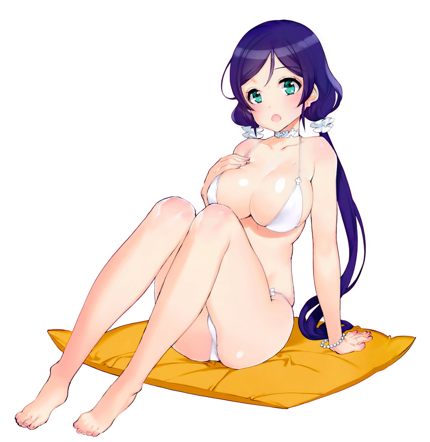 arm_support bare_legs barefoot bikini blush body_blush bracelet breasts choker cleavage collarbone feet full_body green_eyes hand_on_own_chest highres jewelry large_breasts leaning_back long_hair looking_at_viewer love_live! love_live!_school_idol_project low_twintails ooyari_ashito open_mouth purple_hair scan simple_background sitting skindentation solo string_bikini sweat swimsuit toujou_nozomi twintails very_long_hair white_background white_bikini