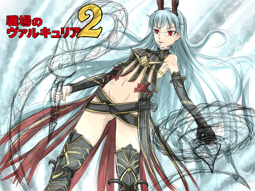 aliasse elbow_gloves gloves hair_ornament horns kukurus kukurusu long_hair red_eyes senjou_no_valkyria senjou_no_valkyria_2 shield silver_hair thigh-highs thighhighs whip work_in_progress