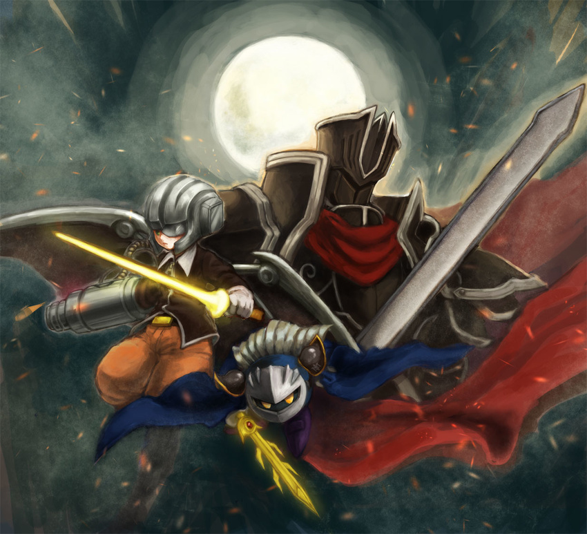 arm_cannon armor black_armor black_knight cape claus company_connection crossover fire_emblem fire_emblem:_souen_no_kiseki full_armor galaxia_(sword) gloves helmet kirby_(series) male_focus mask meta_knight mother_(game) mother_3 multiple_boys piranosuke sword trait_connection weapon yellow_eyes