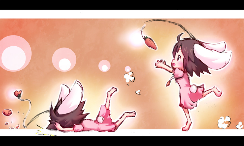 animal_ears ayakashi_(monkeypanch) bad_id bad_pixiv_id bait barefoot before_and_after brown_hair bunny_ears bunny_tail carrot carrot_necklace chasing chibi circle dress faceplant failure fishing_rod food_awe inaba_tewi jewelry letterboxed necklace outstretched_arms pendant pink_dress short_hair short_sleeves sketch solo tail touhou tripping