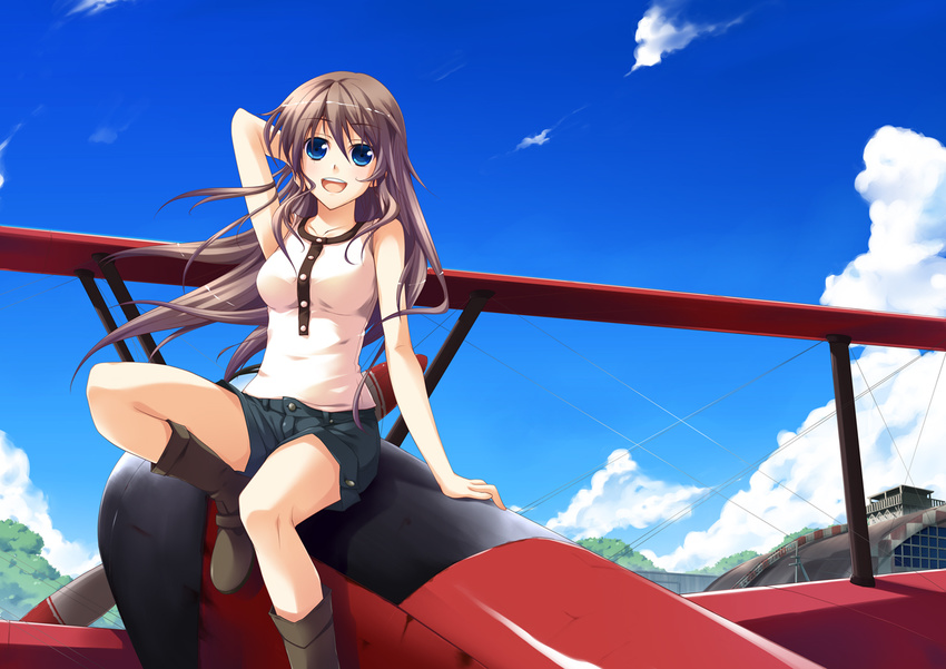 aircraft airplane biplane blue_eyes boots brown_hair cloud day hand_behind_head ike_masato long_hair open_mouth original shorts sitting sky smile solo