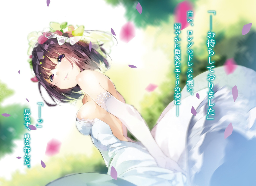 bare_shoulders blurry breasts character_request depth_of_field dress dutch_angle elbow_gloves flame_oukoku_koubouki flower gloves hair_flower hair_ornament highres medium_breasts novel_illustration official_art petals purple_eyes purple_hair short_hair sideboob smile solo veil wedding_dress white_dress white_gloves yuugen