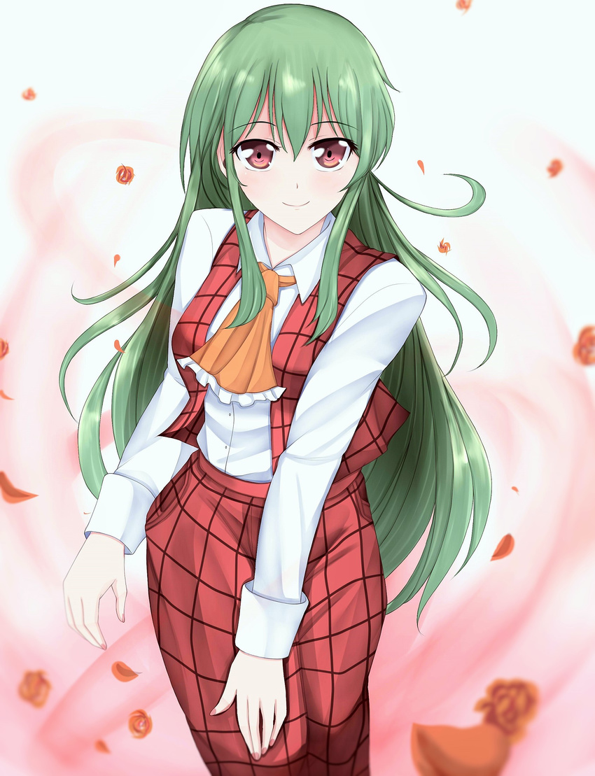 ascot bad_id bad_pixiv_id collared_shirt cowboy_shot fingernails green_hair highres kazami_yuuka kazami_yuuka_(pc-98) long_hair long_sleeves looking_at_viewer pants petals pink_background plaid plaid_pants plaid_vest red_eyes revision shirt smile solo touhou touhou_(pc-98) very_long_hair vest wendell white_shirt