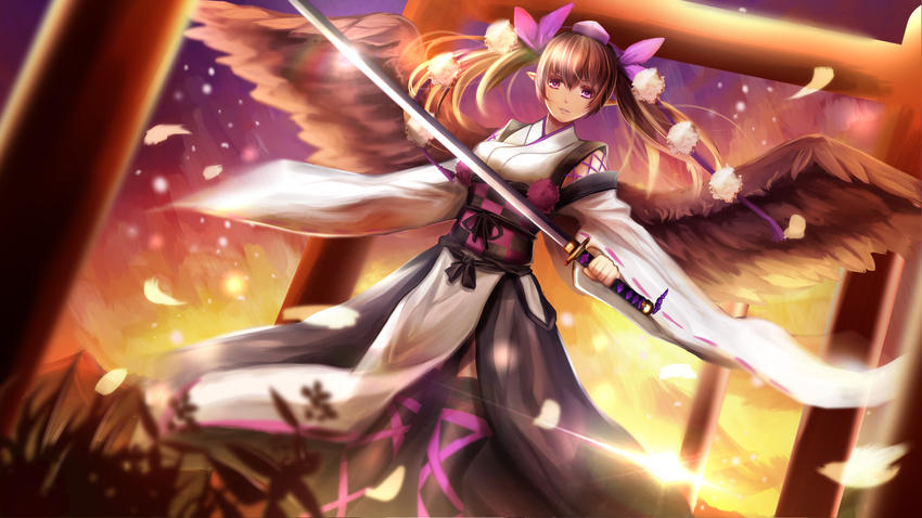 bird_wings black_legwear blurry brown_hair cowboy_shot depth_of_field feathered_wings glint hat highres himekaidou_hatate katana kourindou_tengu_costume long_hair looking_at_viewer multiple_torii outdoors parted_lips petals ribbon-trimmed_sleeves ribbon_trim solo spread_wings sunset sword thighhighs tokin_hat touhou twintails untsue weapon wings