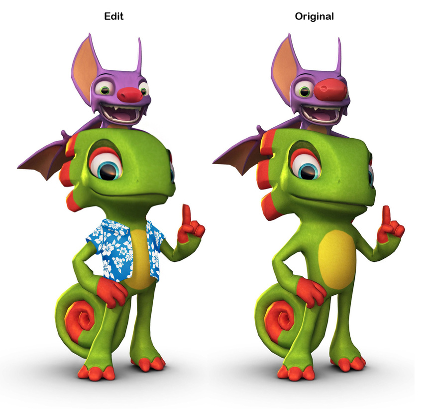 bat blue_eyes chameleon clothing edit female green_eyes laylee lizard looking_at_viewer male mammal official_art open_mouth reptile scalie shirt yooka yooka-laylee