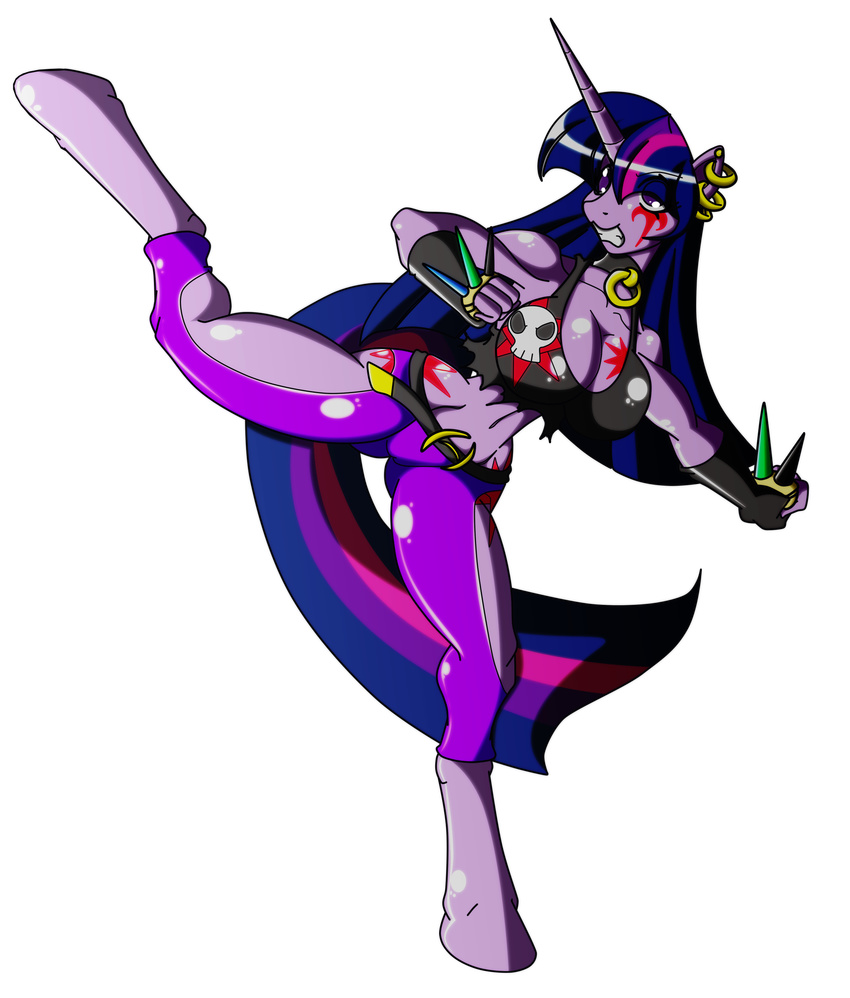 2011 alpha_channel animewave anthro anthrofied belt brass_knuckles breasts cleavage clothed clothing collar equine female friendship_is_magic gold hair horn kick mammal my_little_pony piercing plain_background purple_eyes purple_hair skull solo spikes tattoo transparent_background twilight_sparkle_(mlp) unicorn