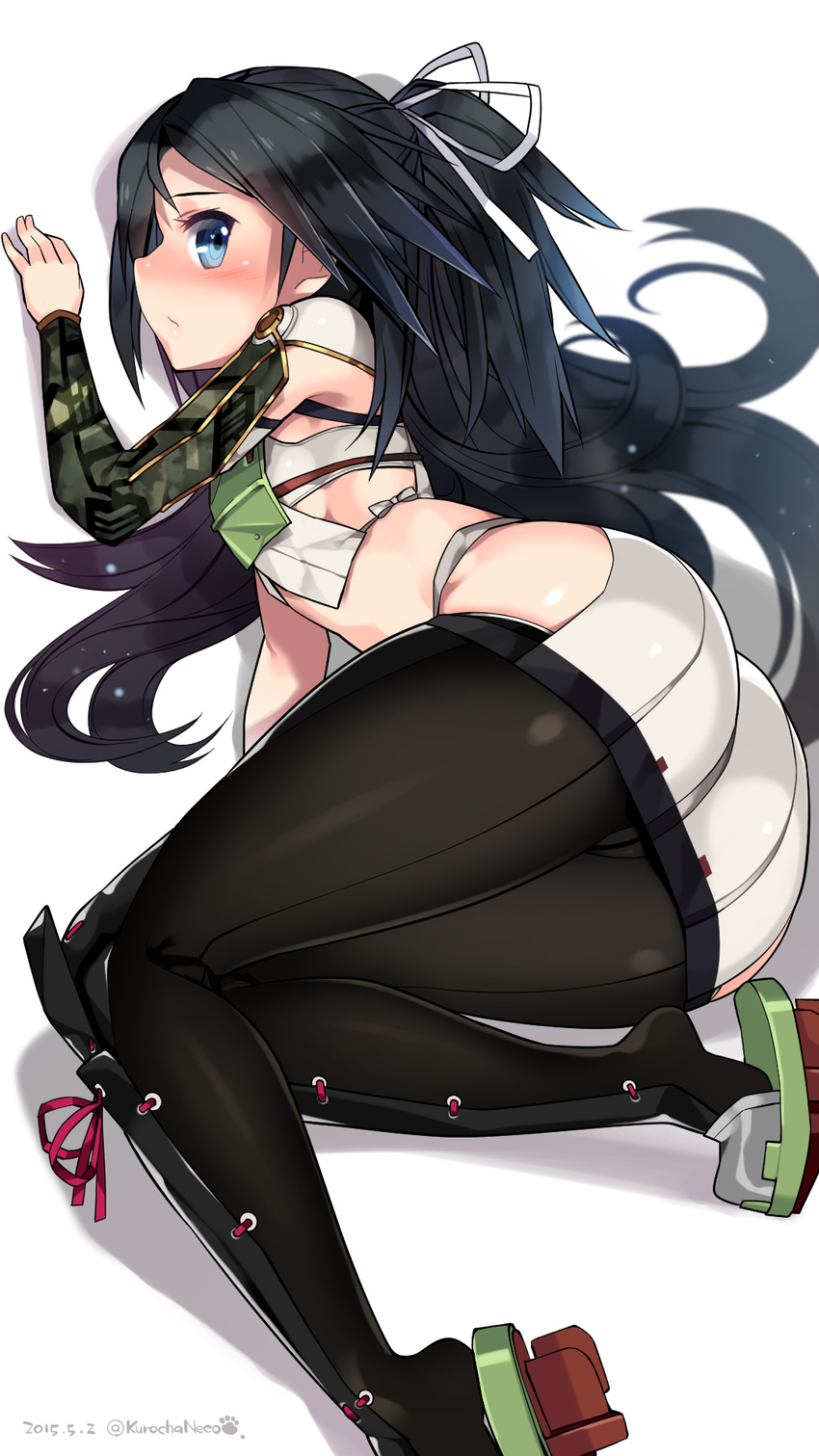 ass asymmetrical_gloves black_hair black_legwear blue_eyes blush camouflage crop_top crotch_seam gloves hair_ribbon heart heart-shaped_pupils highres kantai_collection katsuragi_(kantai_collection) kuro_chairo_no_neko long_hair looking_at_viewer lying midriff miniskirt pantyhose ponytail profile remodel_(kantai_collection) ribbon simple_background skirt solo symbol-shaped_pupils thighhighs white_background white_ribbon