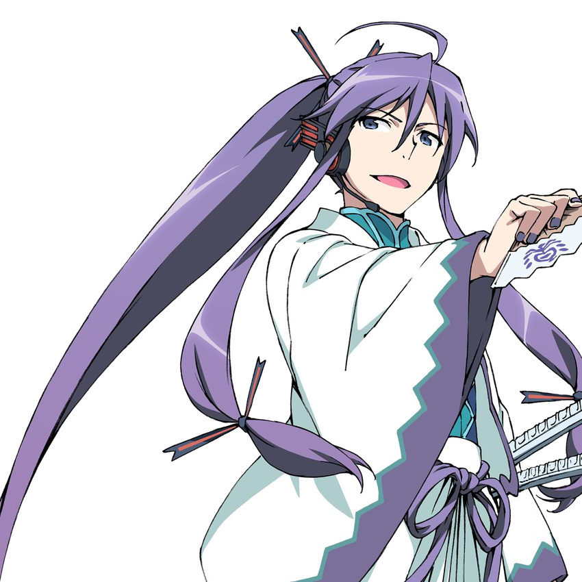 belt exit_tunes fan gackpoid_(vocaloid3) hair_ribbon headset highres kamui_gakupo kanzaki_hiro katana long_hair male_focus purple_eyes purple_hair ribbon solo sword transparent_background very_long_hair vocaloid weapon