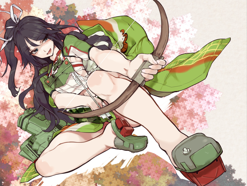 arrow black_hair blue_eyes bow_(weapon) crop_top floral_background furisode hair_ribbon highres japanese_clothes jitome kantai_collection kariinu katsuragi_(kantai_collection) kimono long_hair looking_at_viewer midriff no_panties open_mouth pleated_skirt ponytail quiver remodel_(kantai_collection) ribbon skirt smile solo weapon