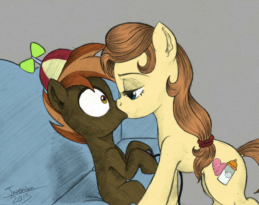 2015 brown_hair button's_mom button_mash_(mlp) colored cutie_mark duo earth_pony equine fan_character female feral friendship_is_magic grey_background hair half-closed_eyes hat hi_res horse incest jaxonian kissing long_hair male mammal mother mother_and_son my_little_pony parent plain_background pony propeller_hat sitting sofa son