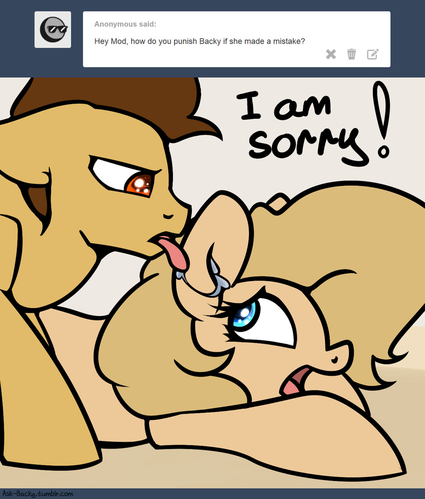 2015 backy cute duo earth_pony english_text equine fan_character female feral horse licking male mammal modpone my_little_pony pony saliva slavedemorto text tongue tongue_out