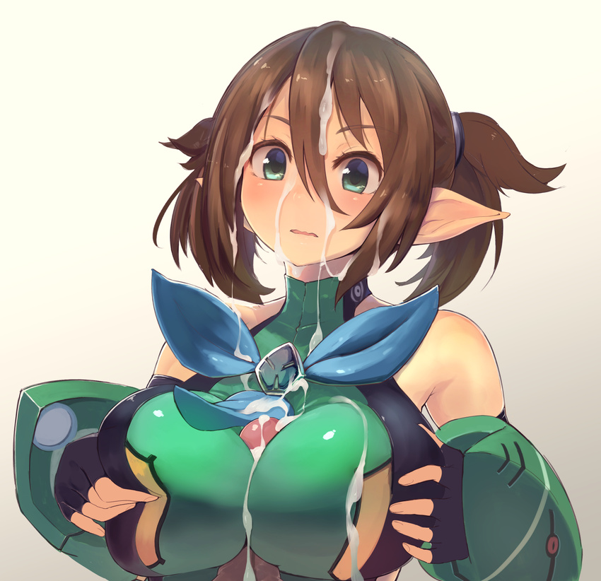 bare_shoulders breasts brown_hair cum cum_on_body cum_on_clothes cum_on_hair cum_on_upper_body cumdrip facial fingerless_gloves gloves green_eyes hair_ornament hairclip highres large_breasts paizuri paizuri_over_clothes patty_(pso2) penis phantasy_star phantasy_star_online_2 pointy_ears short_hair twintails wavy_mouth zi_(mumei)