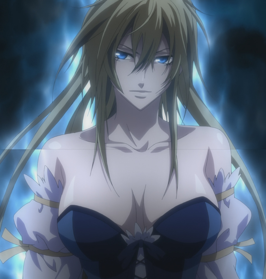 1girl anastasia anastasia_(brave_10) blonde_hair blue_eyes brave_10 breasts cleavage corset female highres large_breasts long_hair ponytail screencap solo stitched