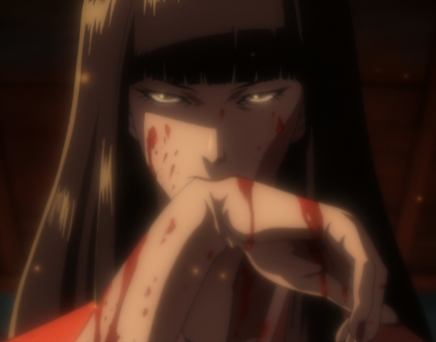 1girl black_hair blood grey_eyes highres kimono kuromitsu kurozuka long_hair red_lipstick screencap solo vampire