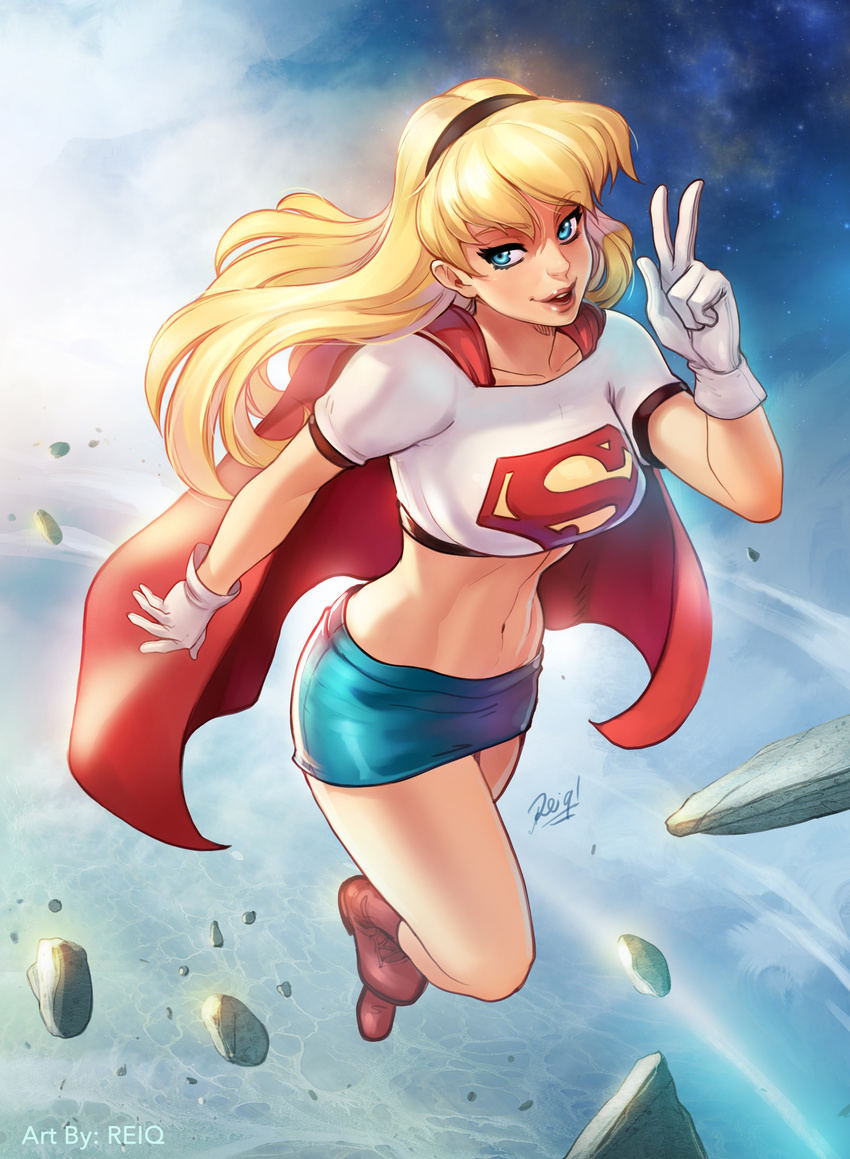 absurdres blonde_hair blue_eyes blue_skirt boots cape collarbone crop_top cross-laced_footwear dc_comics flying full_body gloves hairband highres kara_zor-el kryptonian lace-up_boots looking_at_viewer midriff miniskirt navel parted_lips red_boots red_cape red_shoes reiq rock rocks s_shield shirt short_sleeves skirt sky smile solo space supergirl superman_(series) v white_gloves