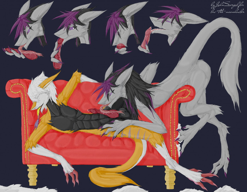 anthro balls cum cumshot cute fellatio fluff fur hair heat invalid_color invalid_tag john johnsergal johnsergal_(character) kemohomo kemono knot licking male male/male nude oral orgasm penis sergal sex sleeping smile sofa tongue tongue_out