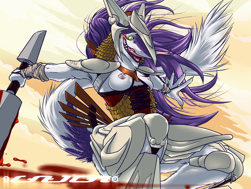 2010 anthro armor bandage blood breasts claws clothed clothing endenden female forked_tongue fur hair half-dressed long_hair long_tongue nipples open_mouth purple_fur purple_hair rain_silves sergal slit_pupils smile solo teeth tongue tongue_out topless unconvincing_armor warpaint weapon white_fur yellow_eyes