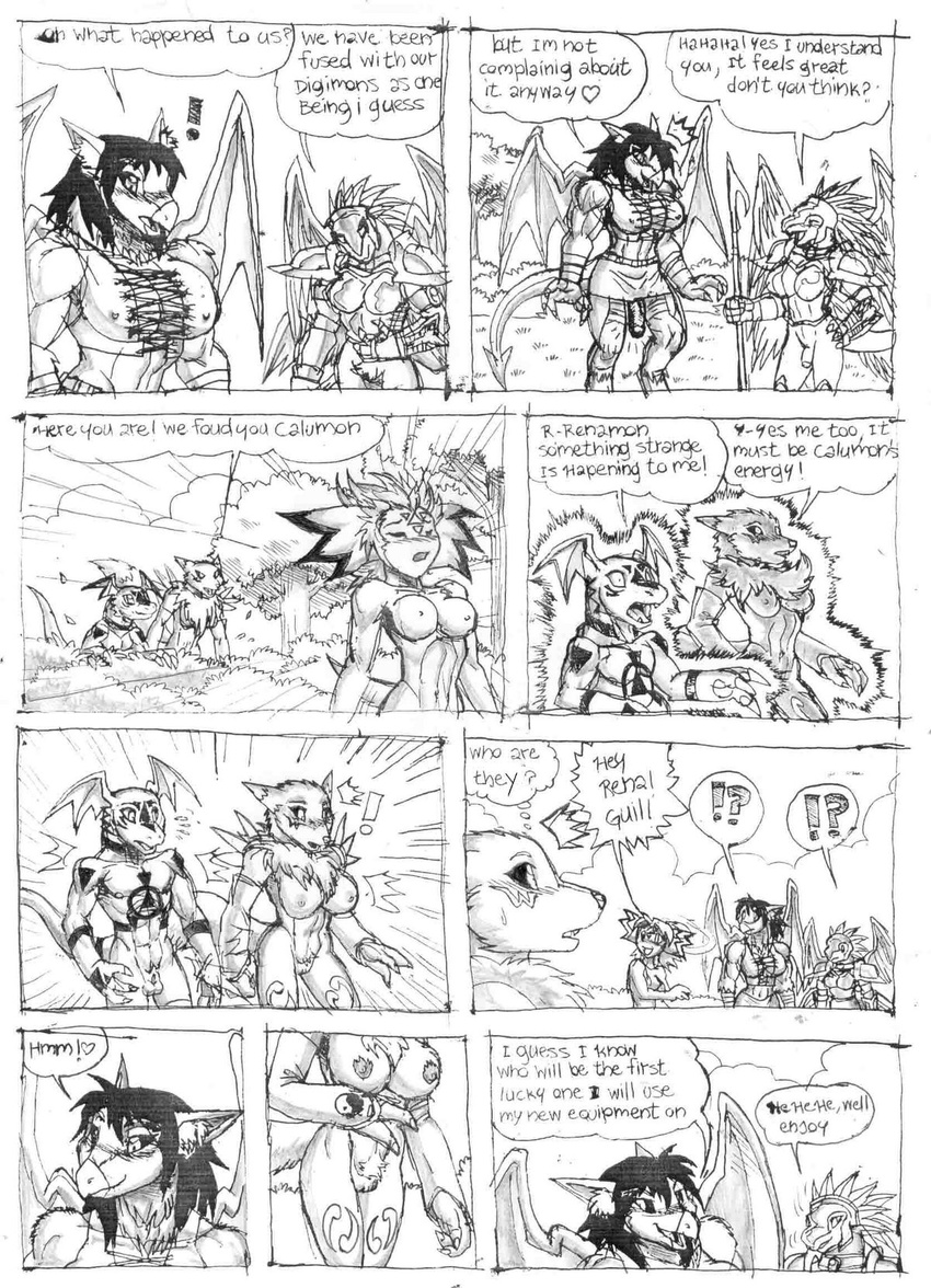 ! &lt;3 ? armor black_and_white breasts calumon comic digifun_in_the_forest digimon eyewear fan_character female forest goggles guilmon helmet herm intersex male mariano monochrome penis polearm pussy renamon scalie spear text transformation tree weapon wings