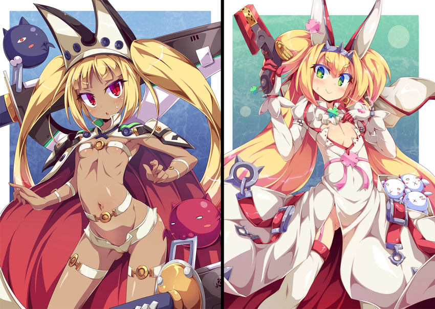 animal_ears blazblue blonde_hair blush breasts bunny_ears cosplay dark_skin elphelt_valentine elphelt_valentine_(cosplay) flat_chest gii green_eyes guilty_gear guilty_gear_xrd gun heart heart-shaped_pupils looking_at_viewer multiple_girls nago navel no_panties platinum_the_trinity rachel_alucard ramlethal_valentine ramlethal_valentine_(cosplay) red_hair small_breasts smile symbol-shaped_pupils toraishi_666 twintails weapon