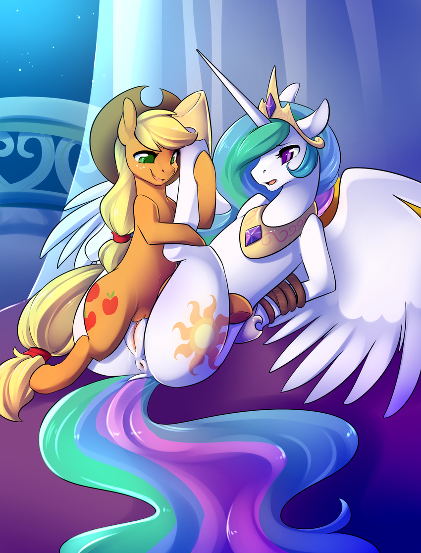 anus applejack_(mlp) blonde_hair blue_hair crown cutie_mark duo equine female female/female freckles friendship_is_magic fur hair hat horn horse mammal my_little_pony nude open_mouth orange_fur outside pony princess_celestia_(mlp) pussy royalty sex smile spazzykoneko tongue tribadism two_tone_hair white_fur wings