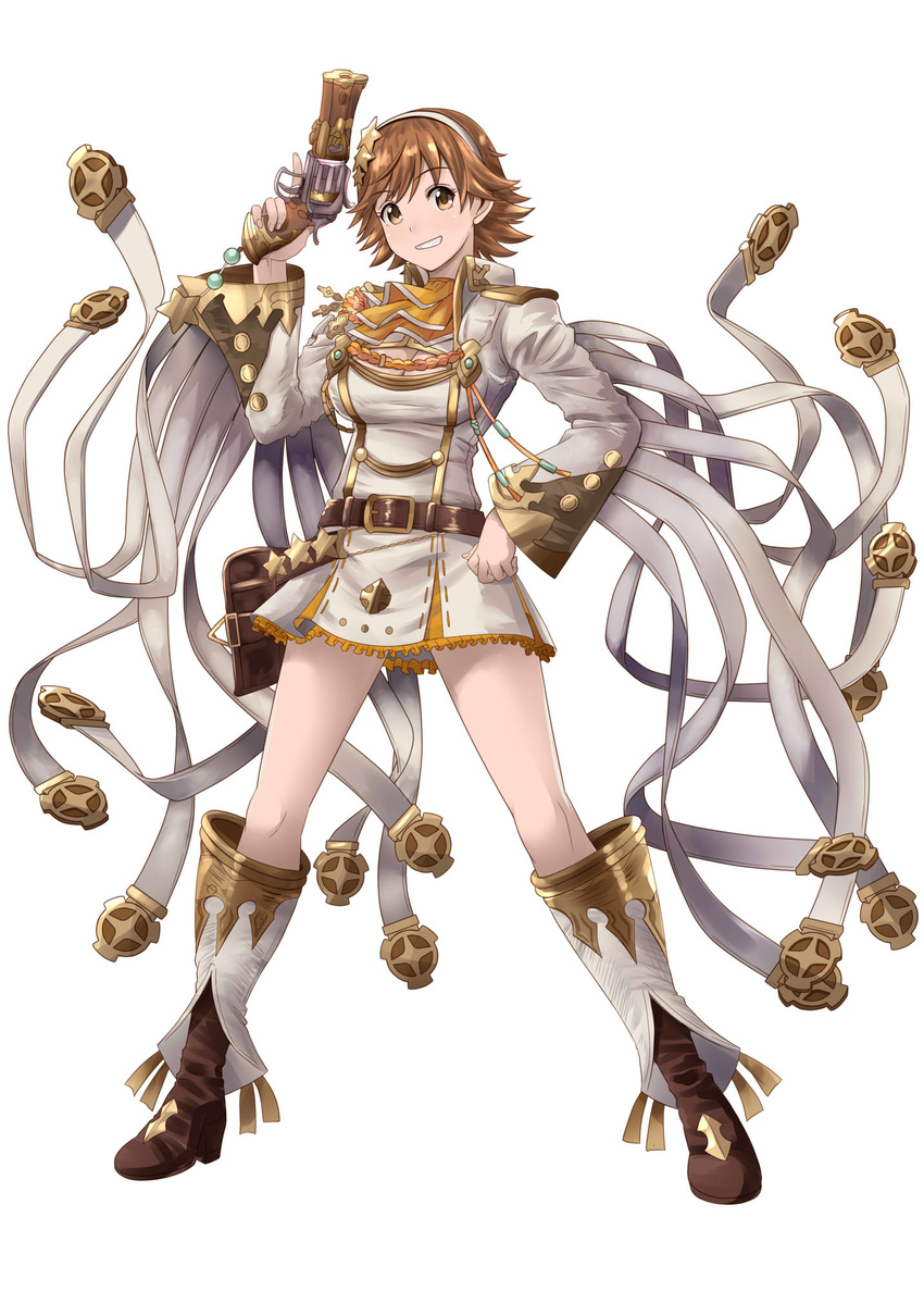 brown_eyes brown_hair granblue_fantasy gun highres honda_mio ichimedoo idolmaster idolmaster_cinderella_girls long_hair short_hair smile solo weapon