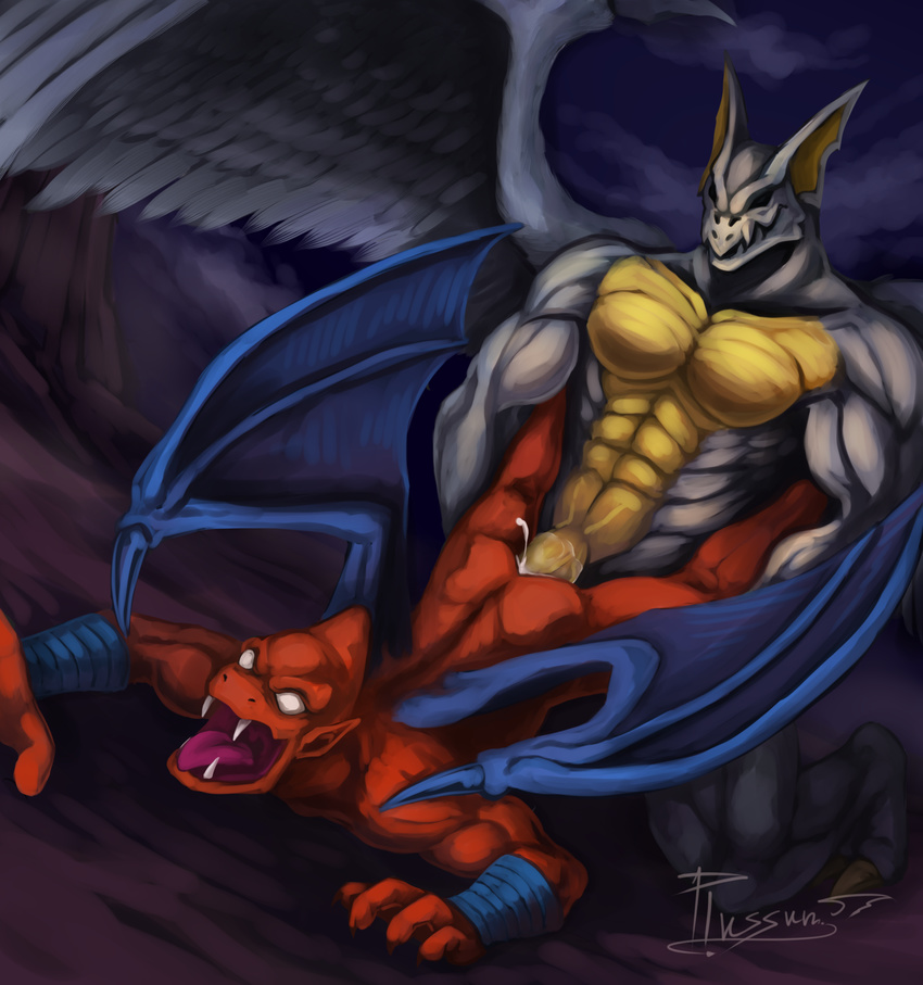 abs anal arma butt cum demon demon's_crest duo feathered_wings feathers firebrand forced gargoyle grin male male/male muscles open_mouth orgasm pecs penis plussun rape red_arremer red_skin sex video_games wings