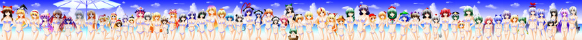 absolutely_everyone absurdres aki_minoriko aki_shizuha alice_margatroid anchor animal_ears antennae asymmetrical_wings bat_wings bikini black_hair blonde_hair blue_eyes blue_hair braid brown_eyes brown_hair bucket bunny_ears cat_ears cat_tail chen cirno crescent crescent_moon daiyousei doll_joints engo_(aquawatery) everyone flandre_scarlet food fox_ears fox_tail fruit fujiwara_no_mokou grapes green_eyes green_hair grey_hair hakurei_reimu hat head_wings headdress heterochromia highres hijiri_byakuren himekaidou_hatate hinanawi_tenshi hong_meiling horn horns hoshiguma_yuugi houjuu_nue houraisan_kaguya ibuki_suika inaba_tewi inubashiri_momiji izayoi_sakuya kaenbyou_rin kagiyama_hina kamishirasawa_keine kawashiro_nitori kazami_yuuka kirisame_marisa kisume koakuma kochiya_sanae komeiji_koishi komeiji_satori konpaku_youmu kumoi_ichirin kurodani_yamame lily_white long_image lunasa_prismriver lyrica_prismriver medicine_melancholy merlin_prismriver mizuhashi_parsee moon moriya_suwako mouse_ears mouse_tail multiple_girls multiple_tails murasa_minamitsu mystia_lorelei nagae_iku nazrin one_eye_closed onozuka_komachi orange_eyes patchouli_knowledge peach pink_eyes pink_hair pointy_ears purple_eyes purple_hair red_eyes red_hair reisen_udongein_inaba reiuji_utsuho remilia_scarlet rumia saigyouji_yuyuko shameimaru_aya shiki_eiki short_hair side_ponytail star swimsuit tail tatara_kogasa third_eye tokin_hat toramaru_shou touhou twin_braids white_bikini white_swimsuit wide_image wings witch_hat wolf_ears wolf_tail wriggle_nightbug yagokoro_eirin yakumo_ran yakumo_yukari yasaka_kanako yellow_eyes