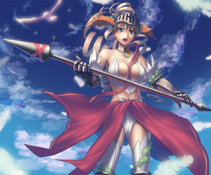 athena_(lord_of_vermilion) bird blonde_hair blue_eyes boots choker cloud cuboon day feathers gloves head_wings helmet lance lord_of_vermilion open_mouth polearm solo thigh_boots thighhighs weapon