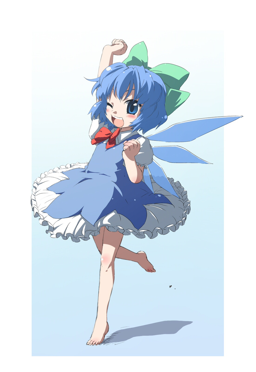 arm_up barefoot blue_hair cirno colorized feet full_body highres kiriu oka_(bananashoe) one_eye_closed outstretched_arm plantar_flexion ribbon sketch solo standing standing_on_one_leg stretch touhou